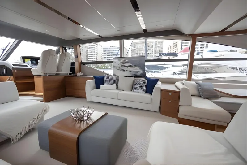  Yacht Photos Pics Luxurious interior of 2019 Princess F70 yacht with modern seating and large windows.