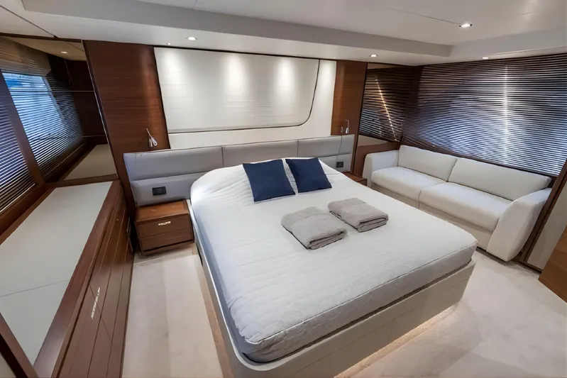  Yacht Photos Pics Luxurious 2019 Princess F70 yacht bedroom with modern design and elegant furnishings.