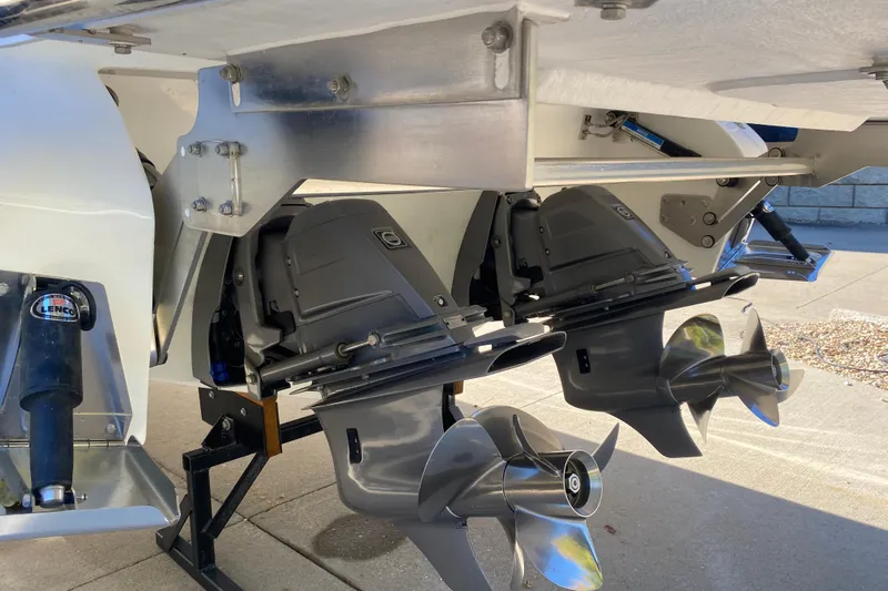  Yacht Photos Pics 2022 Cobalt R35 boat with dual propellers and Lenco trim tabs.