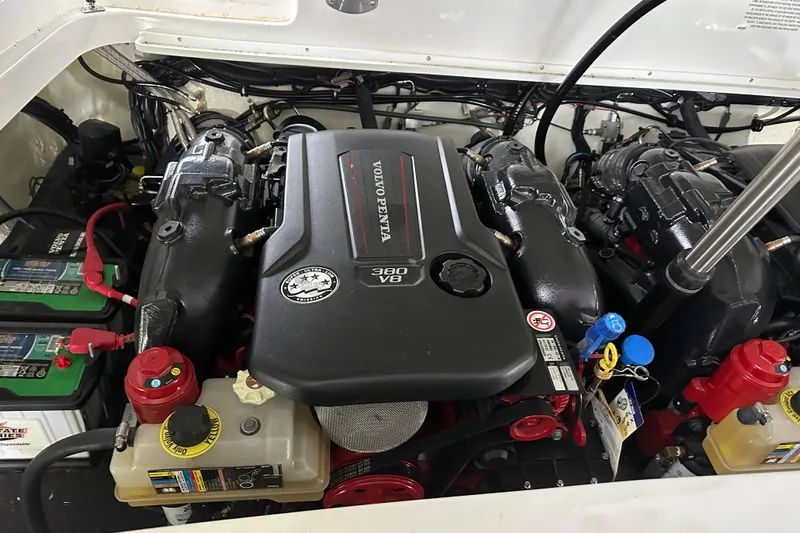  Yacht Photos Pics Volvo Penta 380 V8 engine in 2022 Cobalt R35 boat, detailed view.