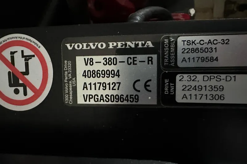  Yacht Photos Pics Volvo Penta engine label with specifications and serial numbers, Cobalt R35 2022 model.