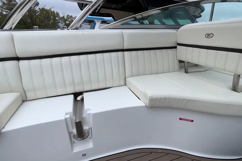  Yacht Photos Pics 2022 Cobalt R35 boat interior with white leather seating and sleek design.