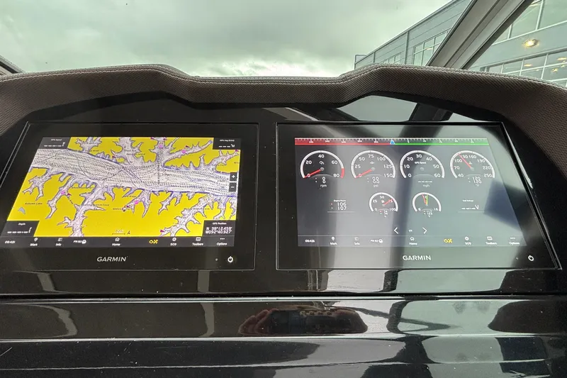  Yacht Photos Pics Dashboard of a 2022 Cobalt R35 with Garmin navigation and instrument displays.