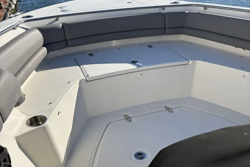  Yacht Photos Pics Interior of 2024 Boston Whaler 330R with gray upholstery.