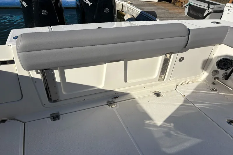  Yacht Photos Pics Interior of 2024 Boston Whaler 330R with gray seat cushion.