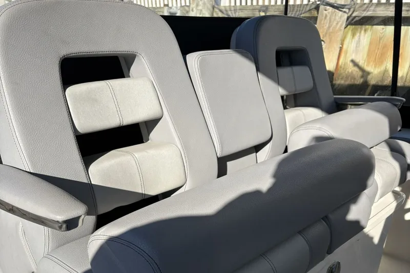  Yacht Photos Pics 2024 Boston Whaler 330R boat seats in gray leather.