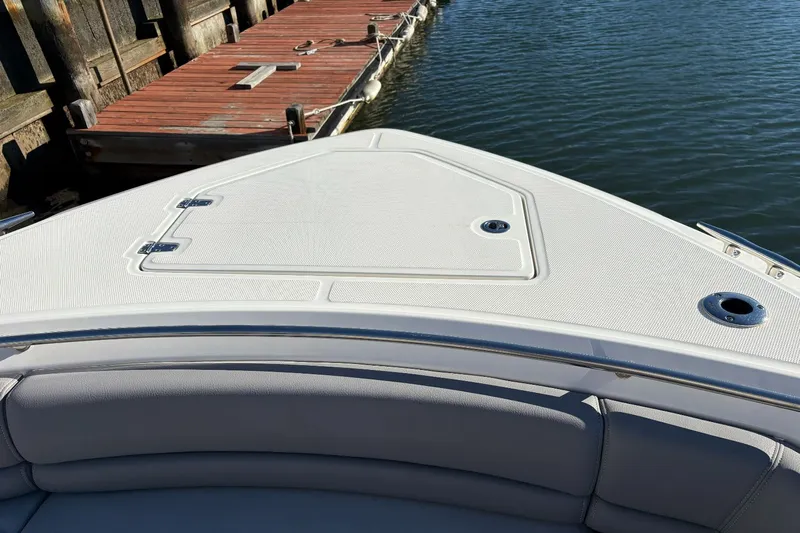  Yacht Photos Pics Bow deck of 2024 Boston Whaler 330R at dock.