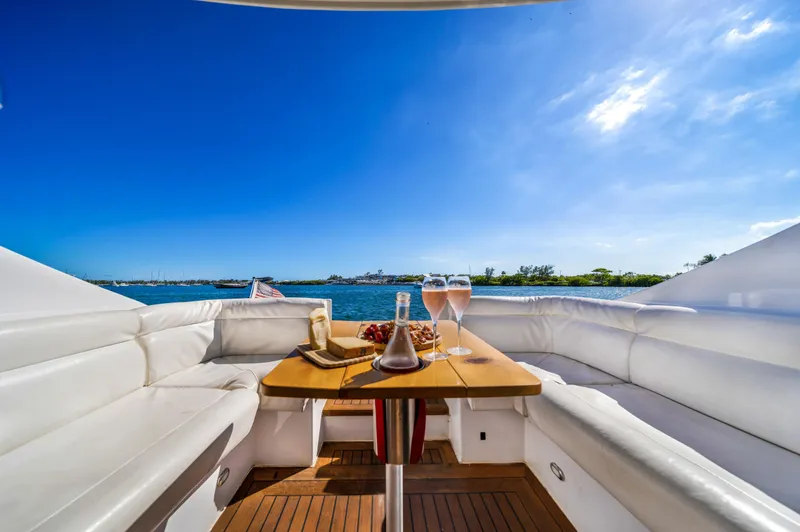 Miss Cathy Yacht Photos Pics Luxurious seating on 2007 Custom NNS Sea Scout 41 yacht with ocean view.