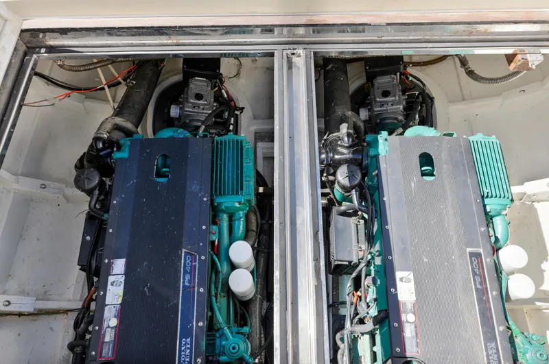 Miss Cathy Yacht Photos Pics Engine compartment of 2007 Custom NNS Sea Scout 41 with dual engines.