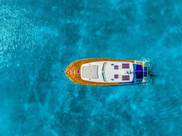 Miss Cathy Yacht Photos Pics Aerial view of 2007 Custom NNS Sea Scout 41 on clear blue water.