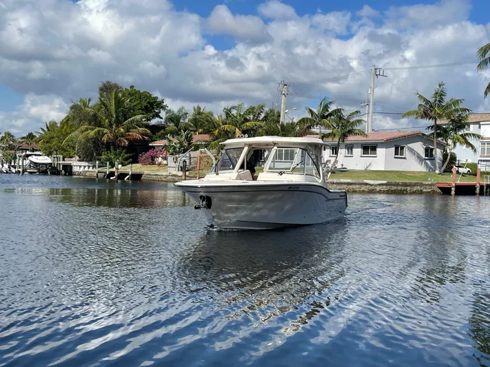  Yacht Photos Pics 2019 Grady-White Freedom 325 boat on a calm waterway, surrounded by palm trees and houses.
