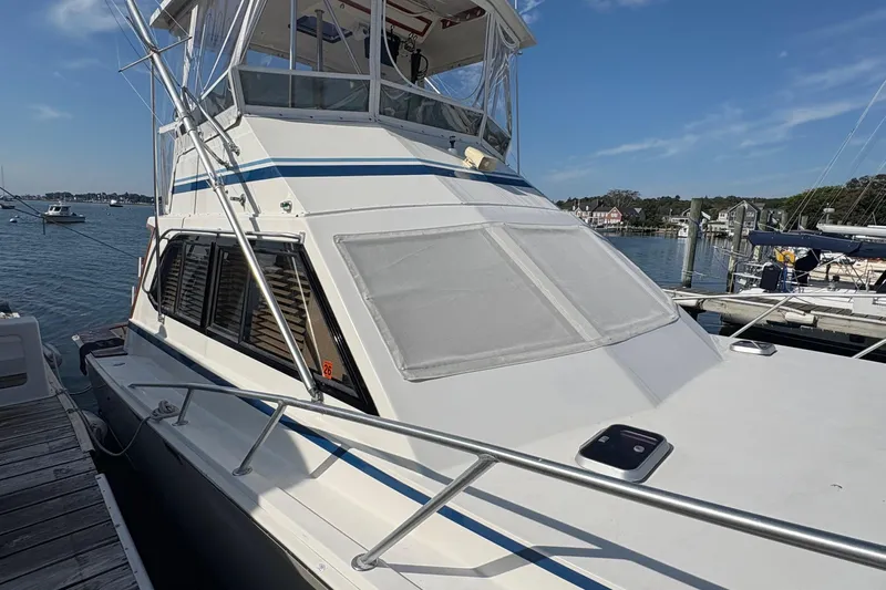 Monkey Business Yacht Photos Pics 1988 Egg Harbor 37 Convertible yacht docked at a marina under a clear blue sky.