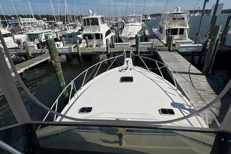 Monkey Business Yacht Photos Pics 1988 Egg Harbor 37 Convertible yacht docked at a marina, surrounded by other boats.