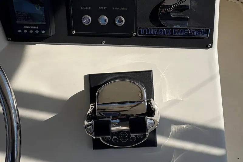 Monkey Business Yacht Photos Pics Control panel of 1988 Egg Harbor 37 Convertible with Cummins turbo diesel engine.