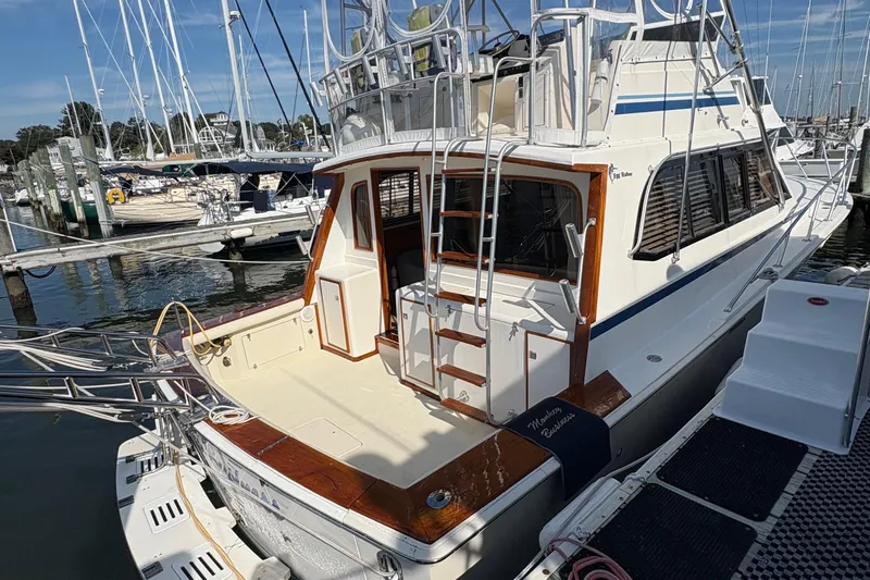 Monkey Business Yacht Photos Pics 1988 Egg Harbor 37 Convertible yacht docked at marina, featuring spacious deck and ladder.
