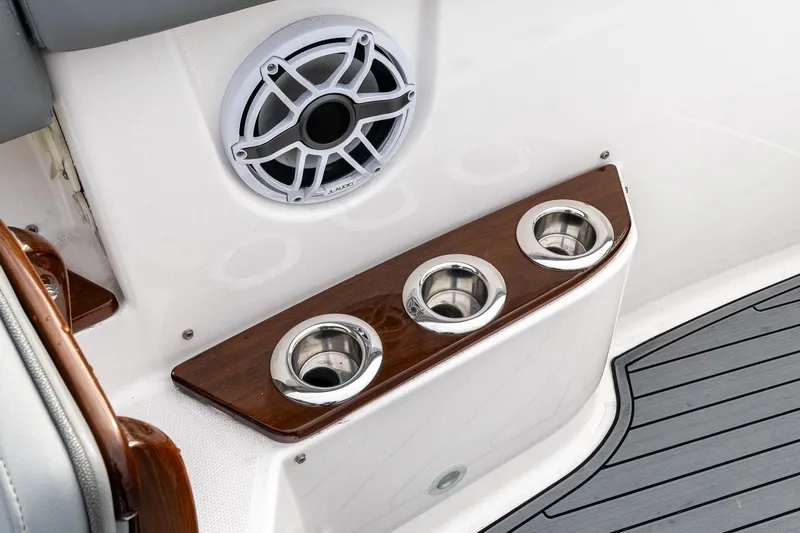 Montrachet Yacht Photos Pics 2023 Everglades 455 Center Console boat with speaker and cup holders.