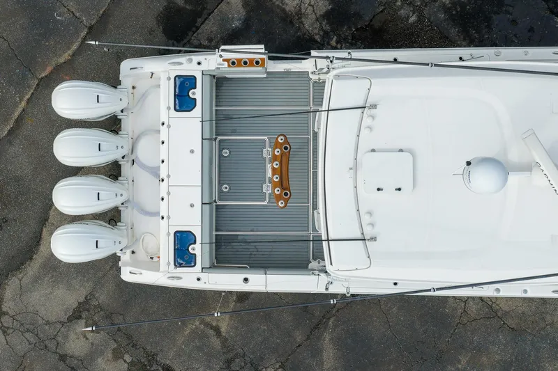 Montrachet Yacht Photos Pics Overhead view of 2023 Everglades 455 Center Console boat with four engines.