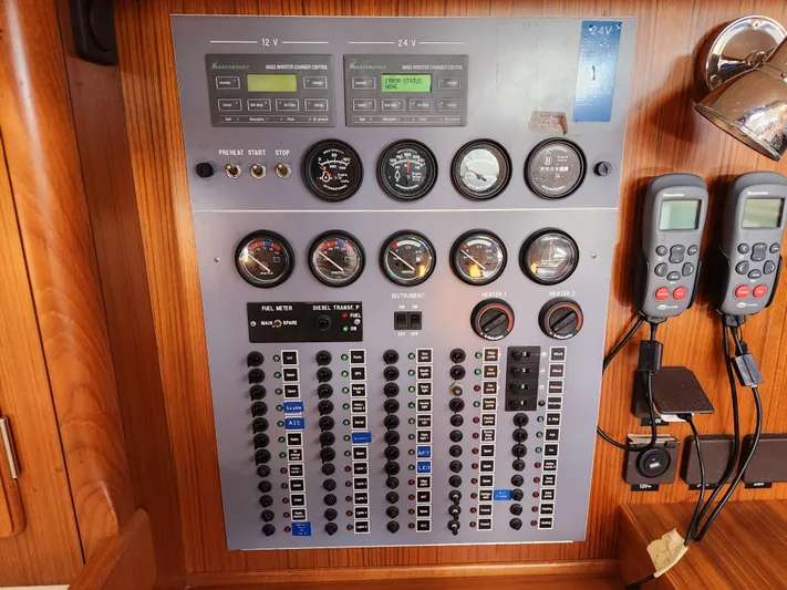 Just Do It Yacht Photos Pics Control panel of a 2006 Hallberg-Rassy 53 yacht with gauges and switches.