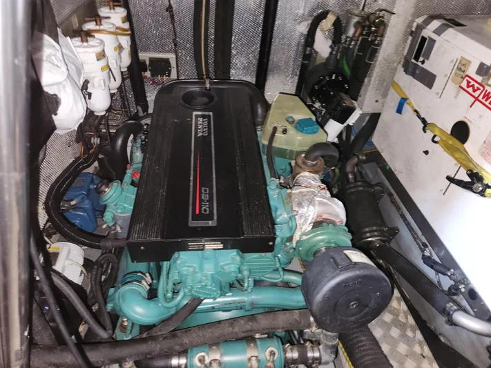 Just Do It Yacht Photos Pics Engine room of a 2006 Hallberg-Rassy 53 yacht, featuring a Volvo Penta engine.