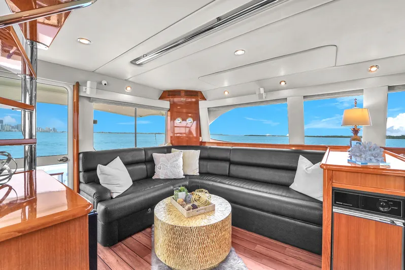  Yacht Photos Pics Luxurious interior of 2008 Riviera 51 Enclosed Bridge yacht with black leather seating and ocean view.