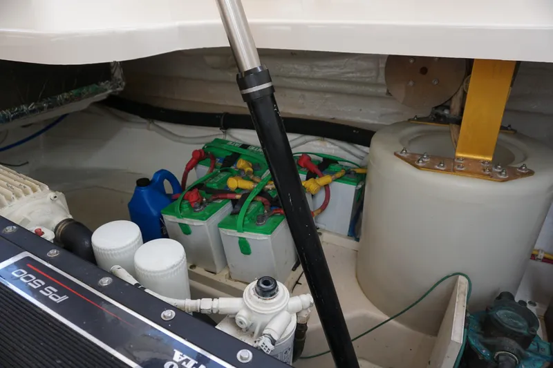 The Pearl Yacht Photos Pics Engine compartment of 2007 Tiara Yachts 3900 Sovran with batteries and hydraulic components.