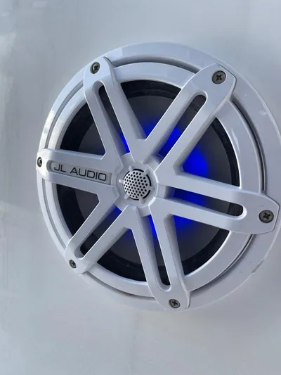  Yacht Photos Pics White JL Audio speaker with blue LED light on a 2019 Blackfin 272 CC boat.