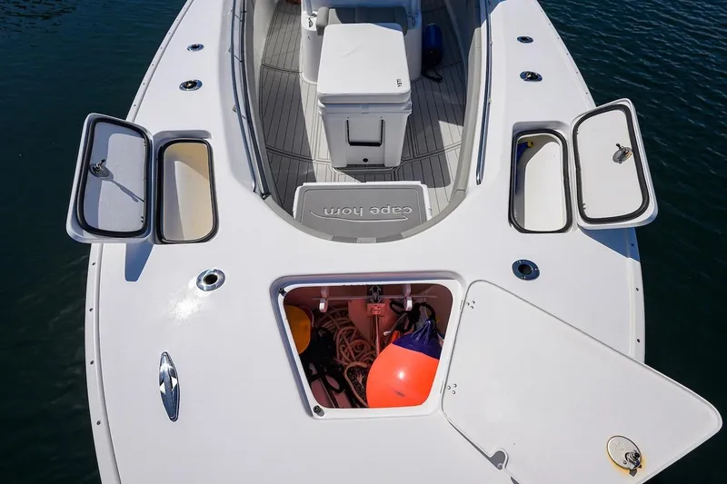  Yacht Photos Pics 2024 Cape Horn 31 T boat deck with open storage compartments.