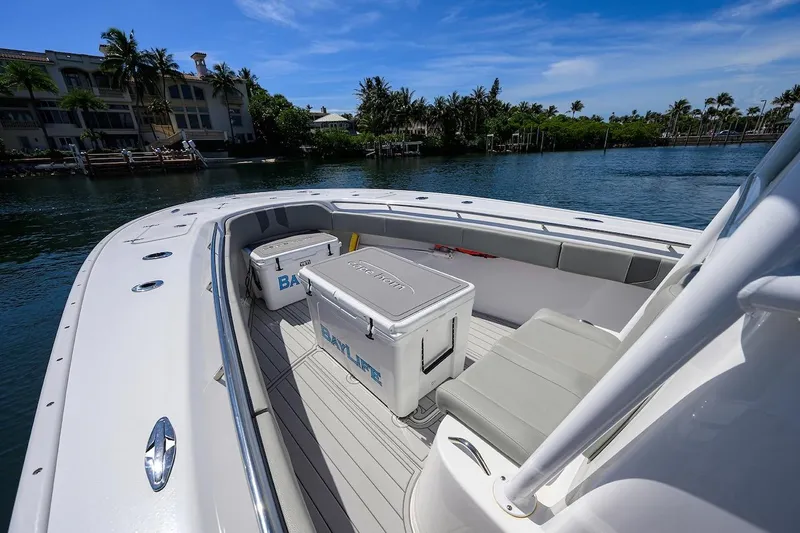  Yacht Photos Pics 2024 Cape Horn 31 T boat interior with seating and coolers on a sunny day.