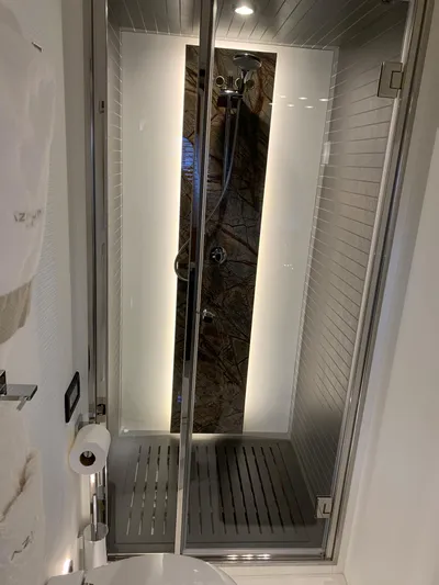 Fantastic Yacht Photos Pics Modern shower in a 2019 Azimut 77S yacht bathroom.