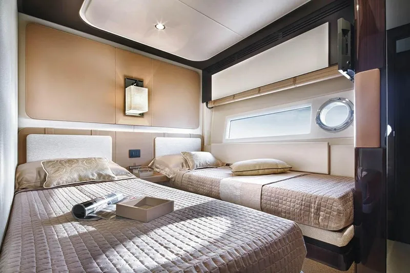 Fantastic Yacht Photos Pics Luxurious bedroom interior of 2019 Azimut 77S yacht with twin beds.