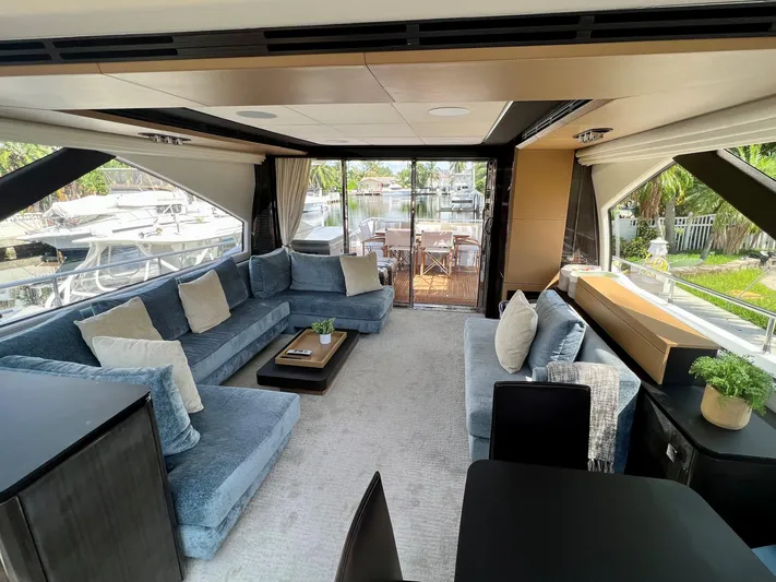Fantastic Yacht Photos Pics Luxurious interior of 2019 Azimut 77S yacht with spacious seating and modern decor.