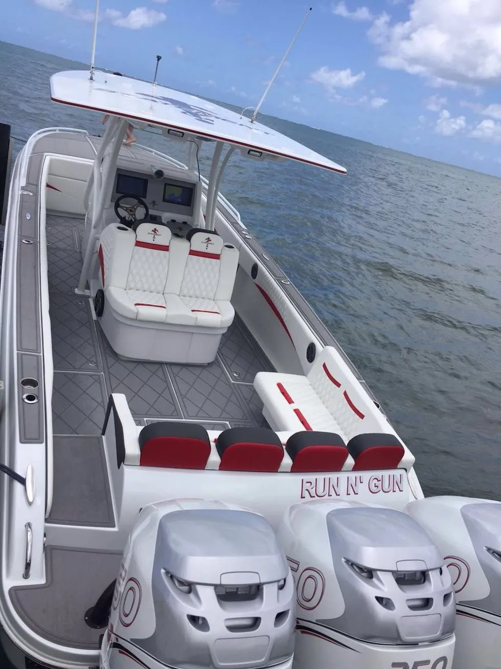 2017 Statement 380 SUV Cuddy boat with triple engines on open water.