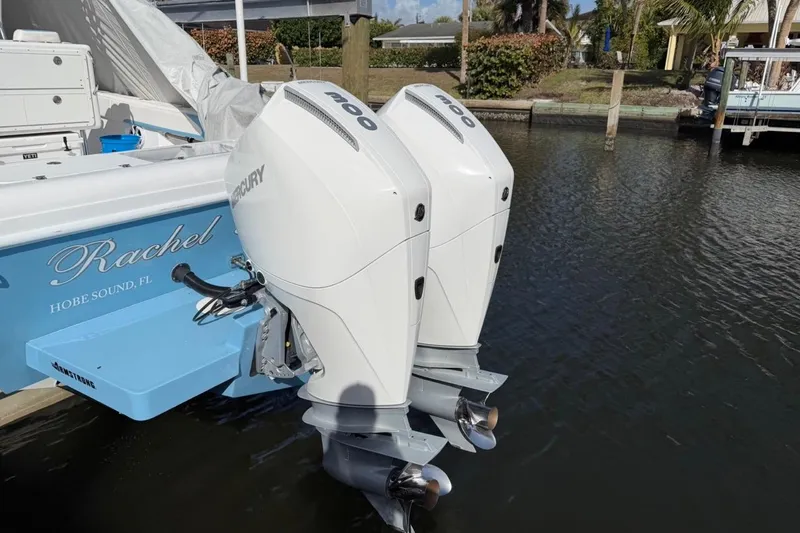  Yacht Photos Pics Twin Mercury outboard engines on a 2022 Bluewater 2850 CC boat docked in Hobe Sound, FL.