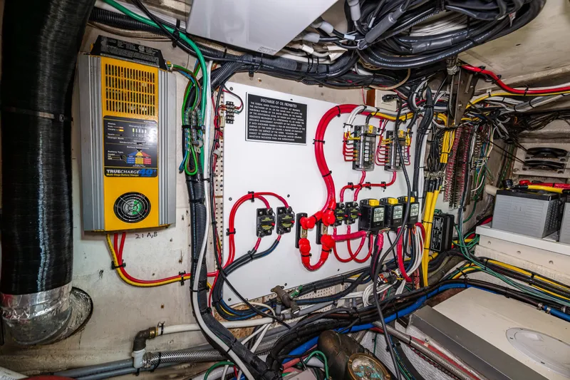 Sojourn Yacht Photos Pics Electrical system of a 1990 Grand Banks 36 Classic boat, featuring wiring and components.