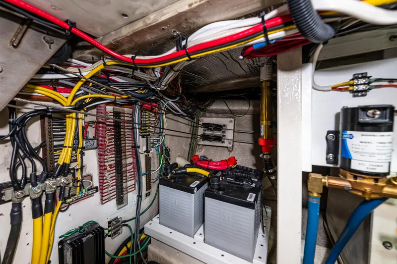 Sojourn Yacht Photos Pics Electrical system and batteries inside a 1990 Grand Banks 36 Classic boat.