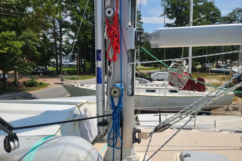 Ramble On Yacht Photos Pics Sailboat deck view with rigging, Island Packet 380, 2000 model, in a marina setting.