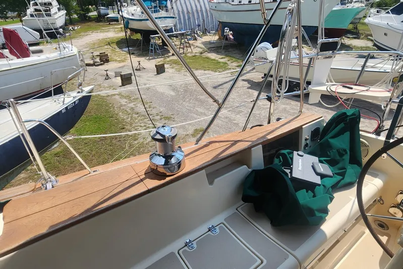 Ramble On Yacht Photos Pics Cockpit view of 2000 Island Packet 380 sailboat in a boatyard.