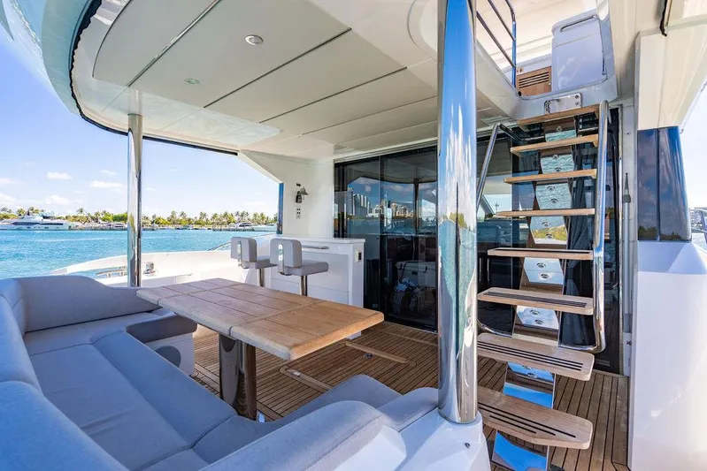 My Inspiration Yacht Photos Pics Luxurious 2019 Sunseeker Manhattan 66 yacht interior with seating and staircase.