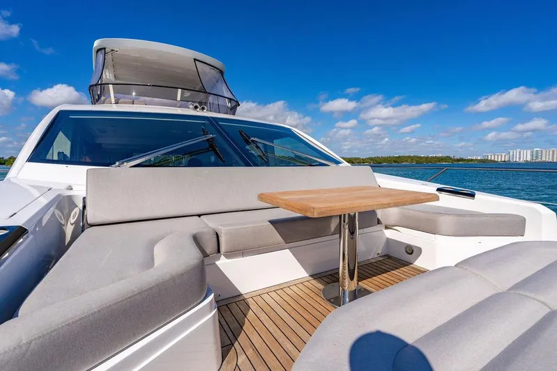 My Inspiration Yacht Photos Pics 2019 Sunseeker Manhattan 66 yacht with outdoor seating and table, under clear blue skies.