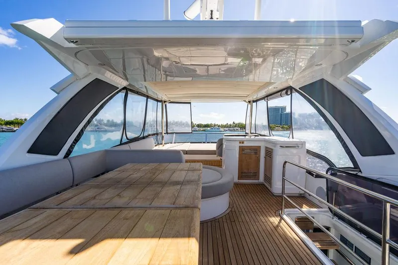 My Inspiration Yacht Photos Pics Luxurious 2019 Sunseeker Manhattan 66 yacht interior with wooden deck and seating area.