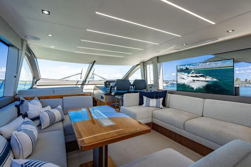My Inspiration Yacht Photos Pics Luxurious interior of 2019 Sunseeker Manhattan 66 yacht with elegant seating and modern design.