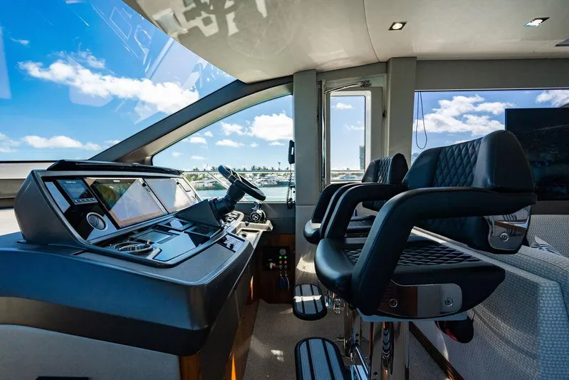 My Inspiration Yacht Photos Pics Interior view of 2019 Sunseeker Manhattan 66 yacht cockpit with modern controls and seating.