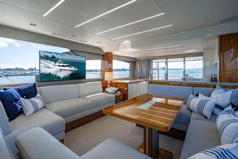 My Inspiration Yacht Photos Pics Luxurious interior of 2019 Sunseeker Manhattan 66 yacht with elegant seating and large windows.