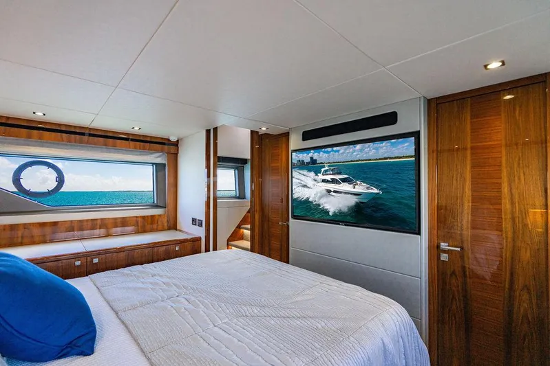 My Inspiration Yacht Photos Pics Luxurious bedroom interior of 2019 Sunseeker Manhattan 66 yacht with ocean view.