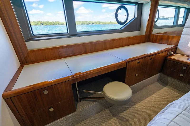 My Inspiration Yacht Photos Pics Luxurious interior of 2019 Sunseeker Manhattan 66 yacht with wooden desk and scenic windows.