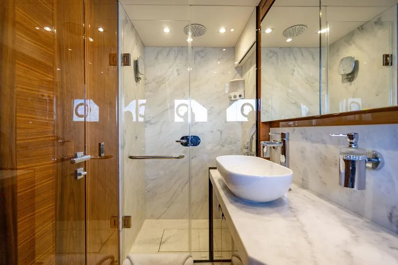 My Inspiration Yacht Photos Pics Luxurious bathroom in 2019 Sunseeker Manhattan 66 yacht with marble and modern fixtures.