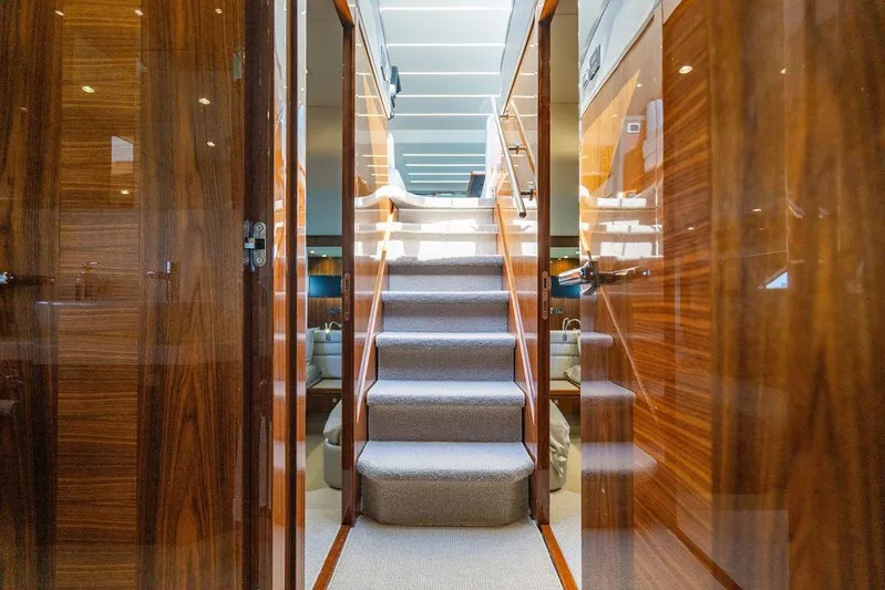 My Inspiration Yacht Photos Pics Interior view of 2019 Sunseeker Manhattan 66 yacht with wooden finishes and carpeted stairs.