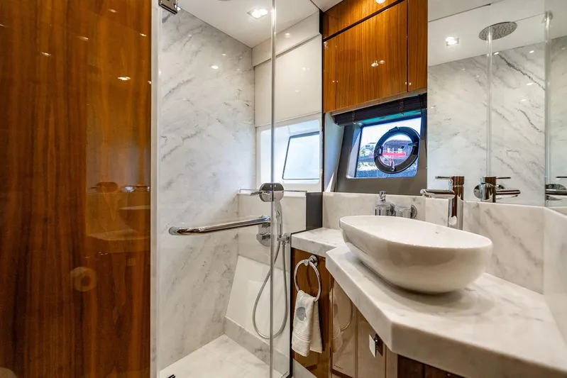 My Inspiration Yacht Photos Pics Luxurious bathroom in 2019 Sunseeker Manhattan 66 yacht with marble and wood finishes.
