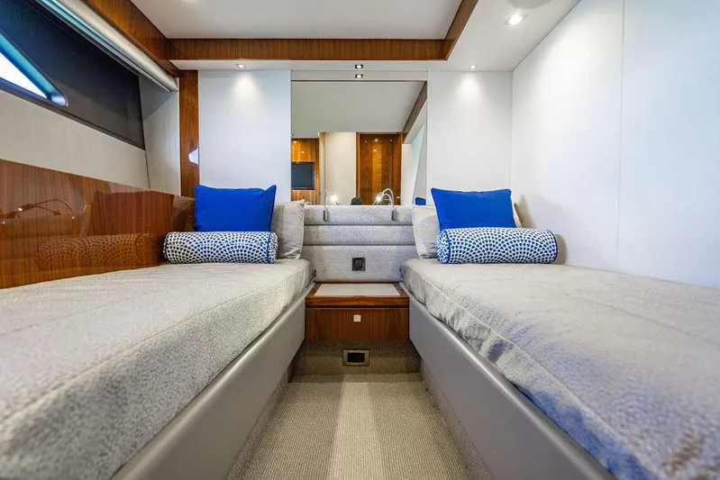 My Inspiration Yacht Photos Pics Luxurious interior of 2019 Sunseeker Manhattan 66 yacht with twin beds and elegant decor.