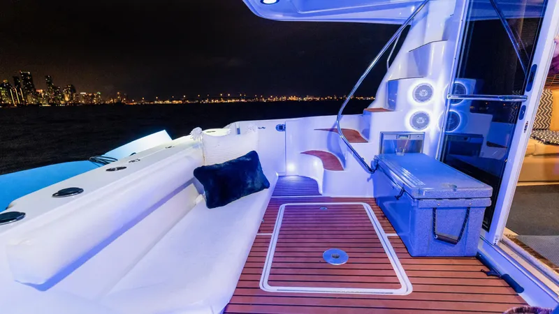 One Love Yacht Photos Pics Luxurious 2006 Sea Ray 44 Sedan Bridge yacht deck with city skyline at night.